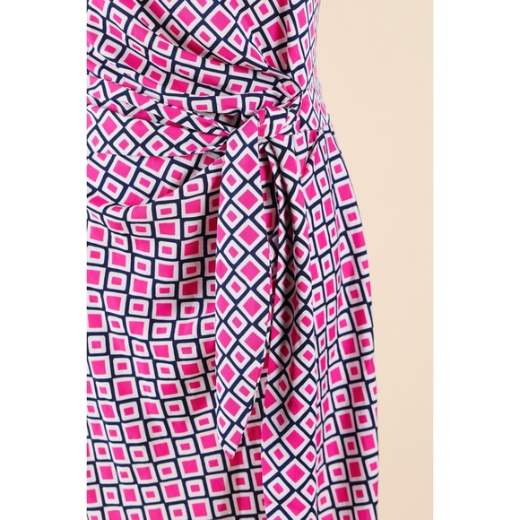 Sz 4 Diane Von Furstenberg Geometric Fuschia/Navy Cotton & Silk Midi Wrap Dress - Picture 2 of 5